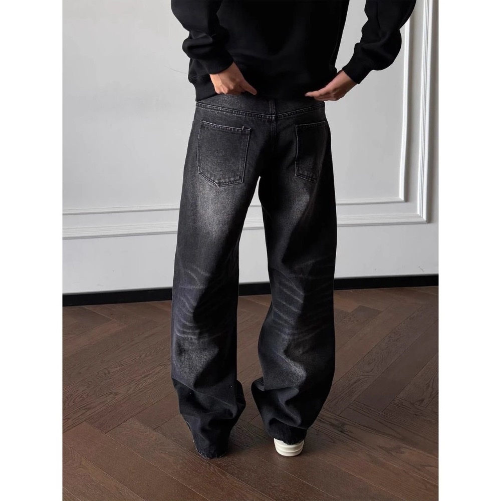 圍剿黑牛王#【all black 以】高克重質感 復古水洗做舊貓須直筒牛仔褲 男女款25411#-細節圖2