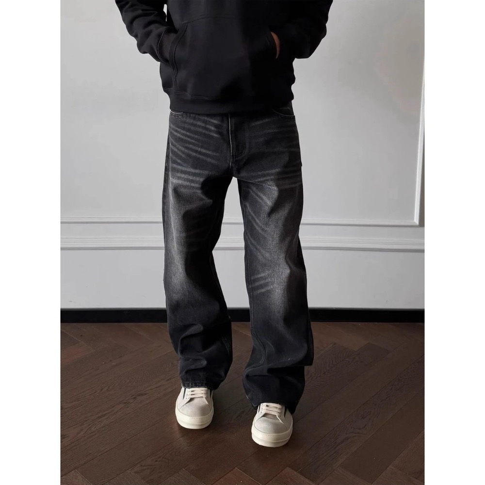 圍剿黑牛王#【all black 以】高克重質感 復古水洗做舊貓須直筒牛仔褲 男女款25411#-細節圖3