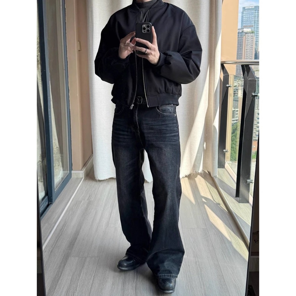 圍剿黑牛王#【all black 以】高克重質感 復古水洗做舊貓須直筒牛仔褲 男女款25411#-細節圖4