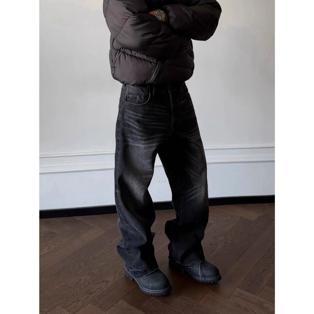 圍剿黑牛王#【all black 以】高克重質感 復古水洗做舊貓須直筒牛仔褲 男女款25411#-細節圖5