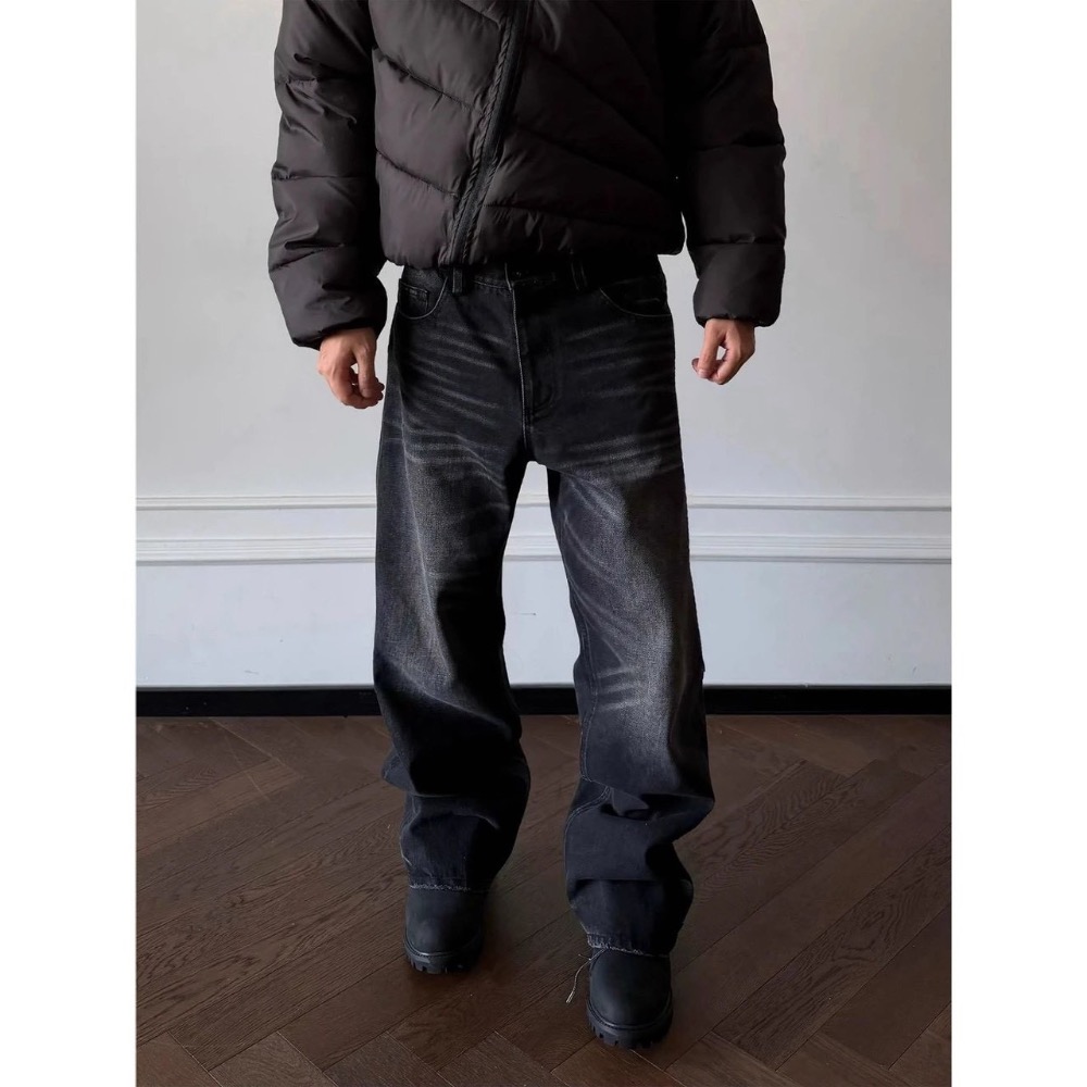 圍剿黑牛王#【all black 以】高克重質感 復古水洗做舊貓須直筒牛仔褲 男女款25411#-細節圖6