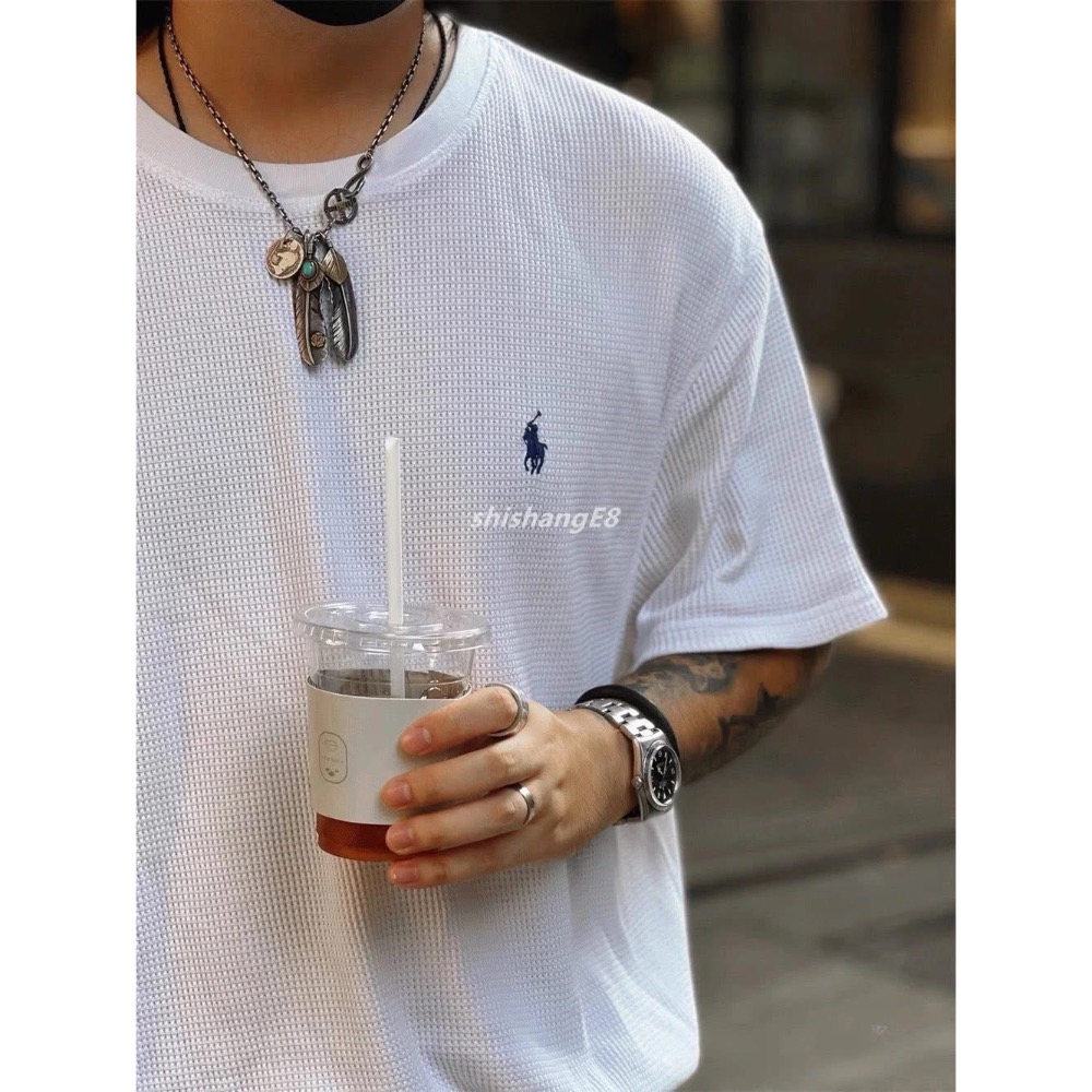 優雅老錢風經典四色 Ralph Lauren 小馬刺繡 純棉華夫格短袖 Tee-細節圖2