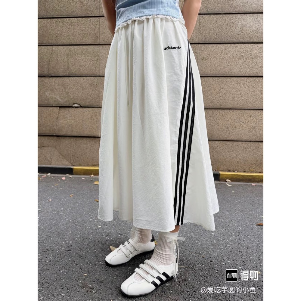 adidas originals SKIRT 寬松運動條紋系帶休閒長裙 女款三條紋半身長裙-細節圖4