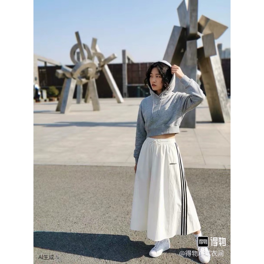 adidas originals SKIRT 寬松運動條紋系帶休閒長裙 女款三條紋半身長裙-細節圖5