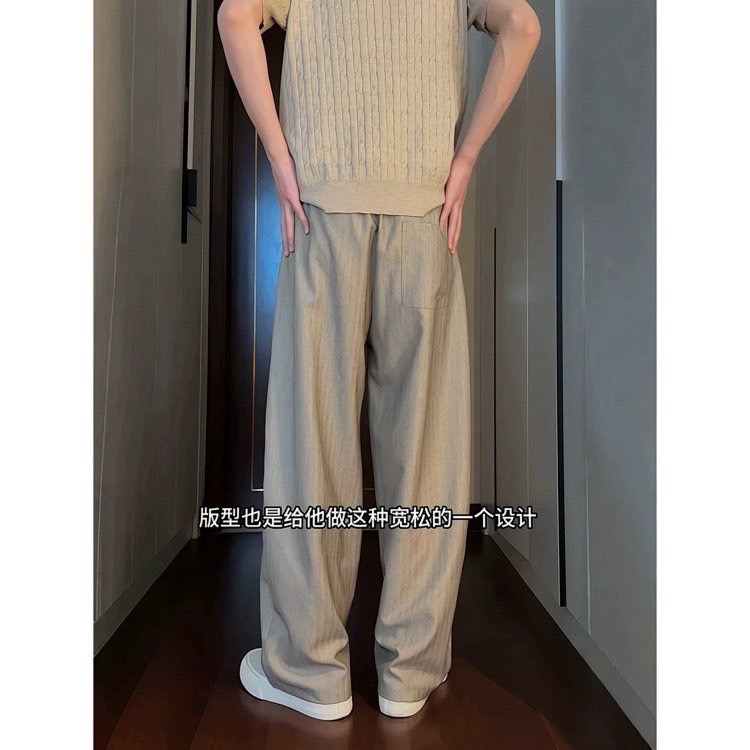 這條真得閉眼入#【爆款】老錢鬆弛感 涼感透氣 竪紋肌理 抽繩鬆緊腰 直筒寬松 垂感休閒褲 男女同款-細節圖3
