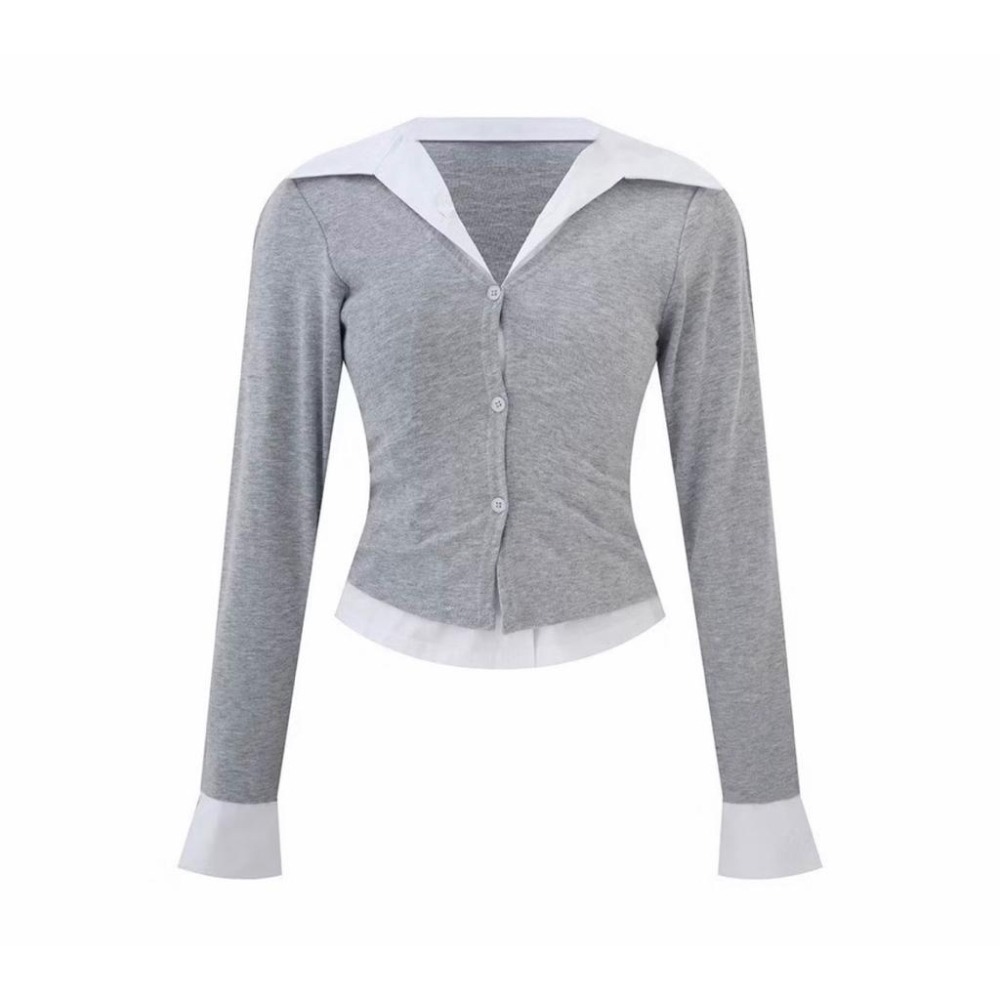 P.com 假兩件棉質拼接襯衫上衣-細節圖2