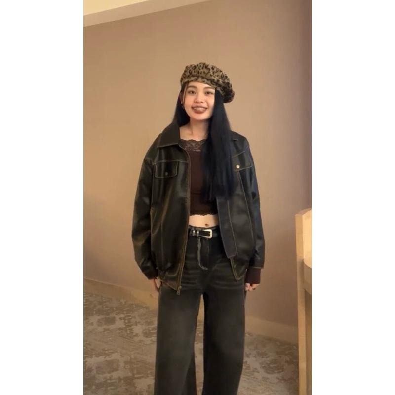 JINRONG 復古個性刷舊皮夾克 皮衣外套（送貝雷帽&髮圈）-細節圖2