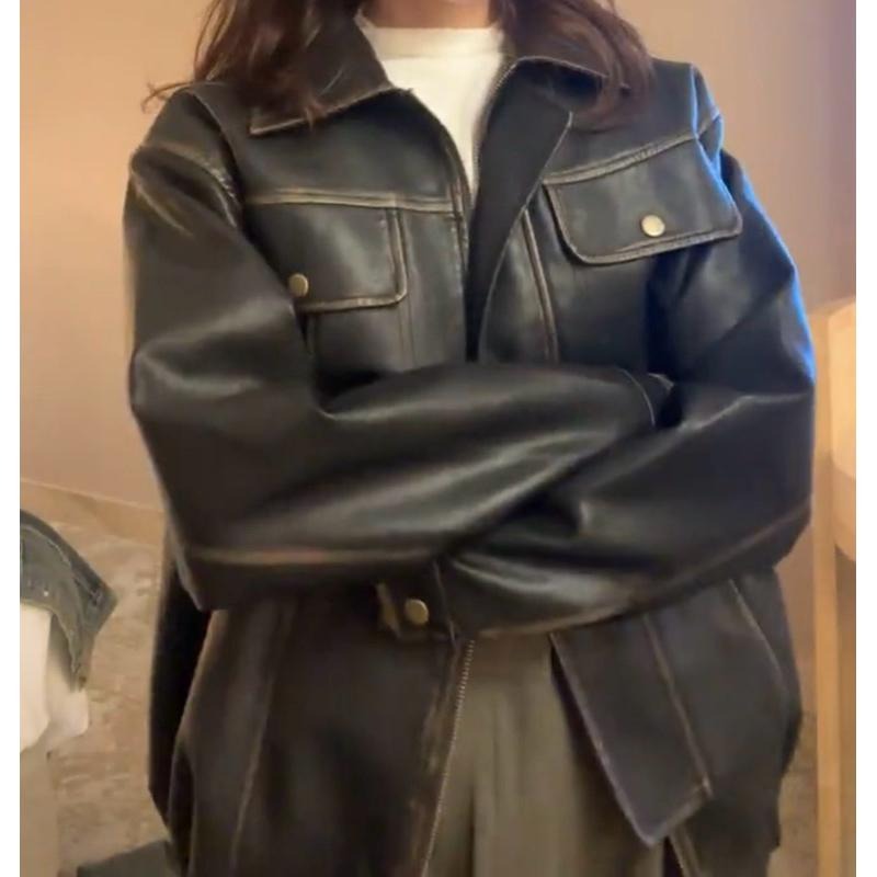 JINRONG 復古個性刷舊皮夾克 皮衣外套（送貝雷帽&髮圈）-細節圖3