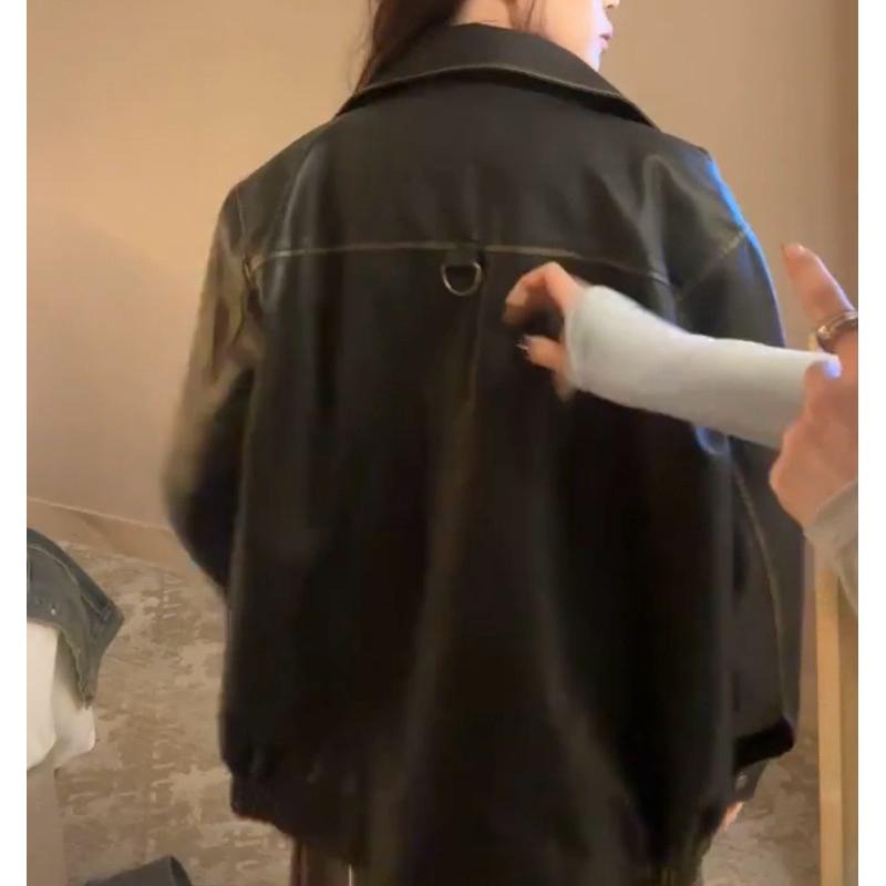 JINRONG 復古個性刷舊皮夾克 皮衣外套（送貝雷帽&髮圈）-細節圖5