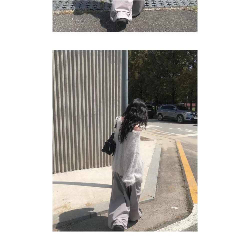 韓國 anyonemore 鬆垮寬鬆落肩圓領長袖針織上衣 白色-細節圖3