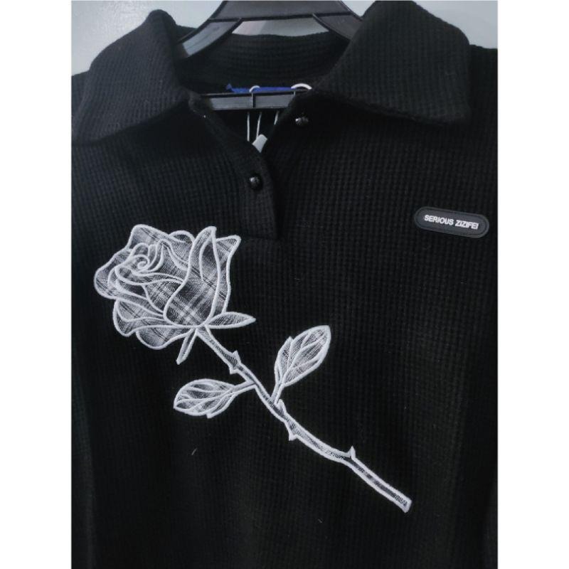 ziziFei黑色polo領玫瑰花刺繡衛衣-細節圖4