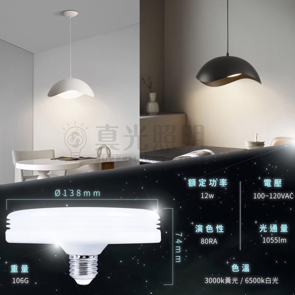 🛸 LED飛碟燈泡 ✨ 12W E27 超亮大面積 白/黃光 全電壓 防塵蟲 節能省電 藝術燈 室內燈 吸頂燈 露營燈-細節圖6
