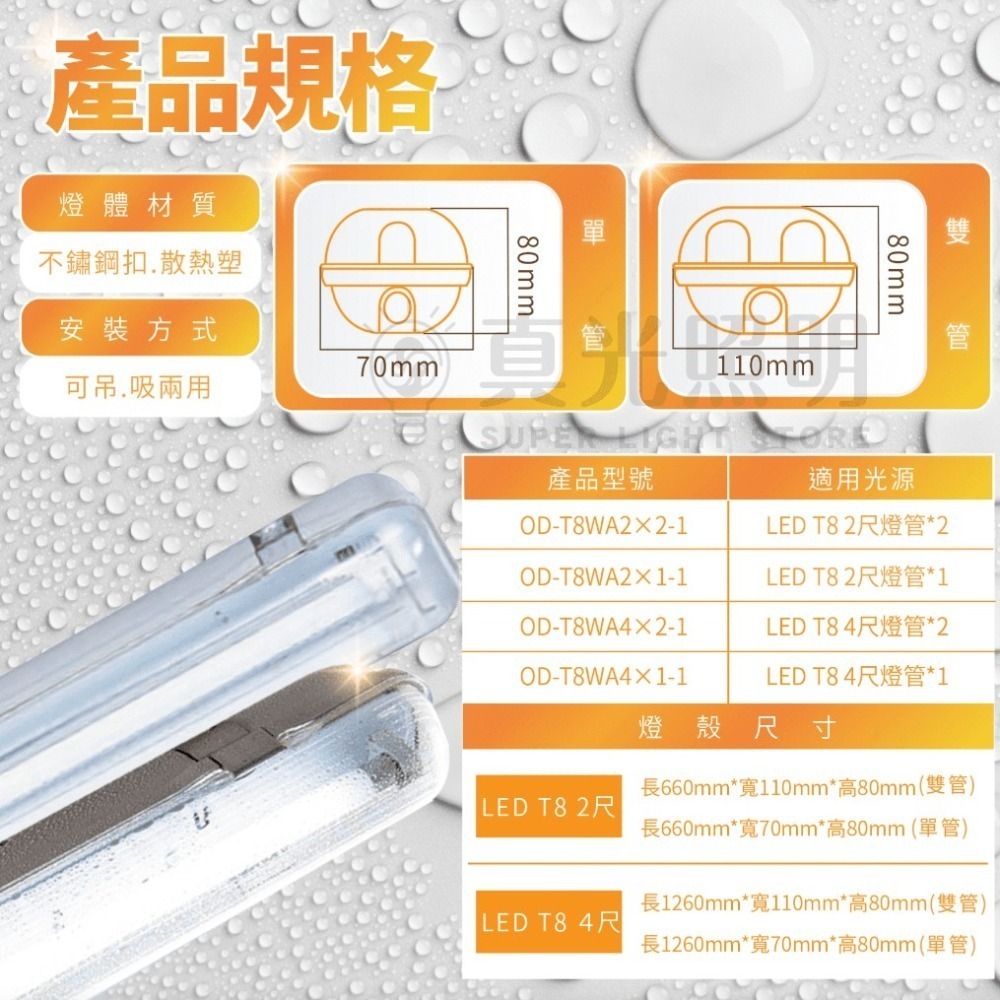 🧡 舞光LED ⚡️ LED T8  燈管式防潮燈 2尺 / 4尺  吸吊兩用 單管 雙管 IP66 騎樓燈 防水 防-細節圖4