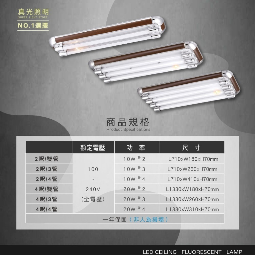 💡 真光照明🙌🏻T8 2呎 燈座 藝術燈座 雙管 3管 4管 附IC 含燈管 核桃木 原木 銀灰-細節圖2