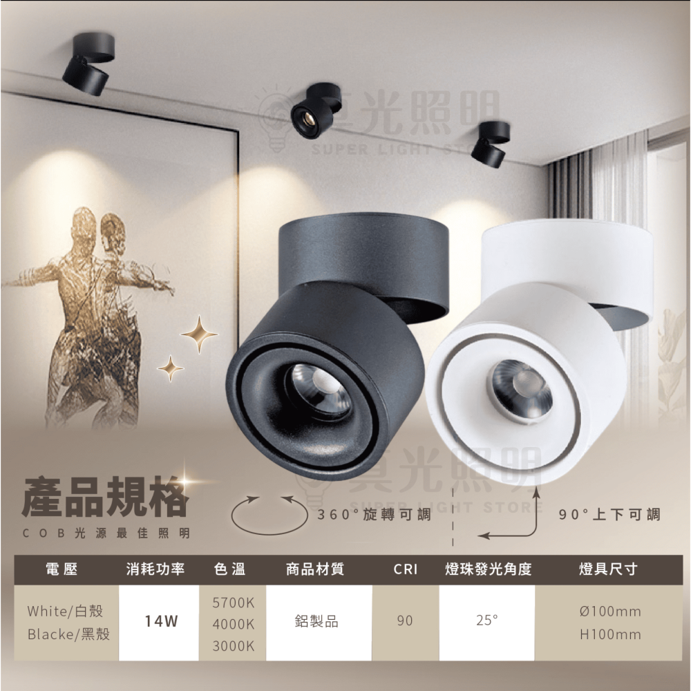 LED 14W 吸頂式旋轉筒燈 可調角度 可折疊筒燈 360度 吸頂燈-細節圖3