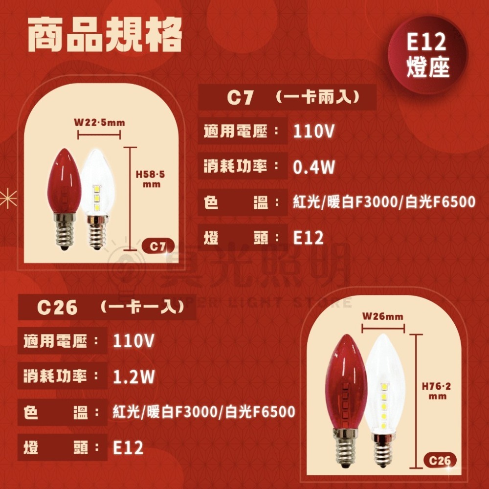 LED神桌燈 E12 E27 神明燈 一卡兩入/一卡一入  (紅光 白光/暖光) C7/C26/C32/G40-細節圖2