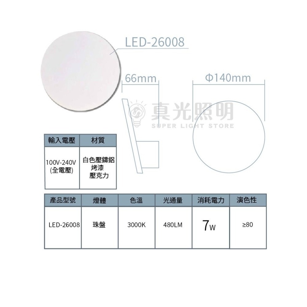 舞光 LED 7W 珠盤壁燈 簡約風 黃光 3000K 全電壓 LED-26008-細節圖3