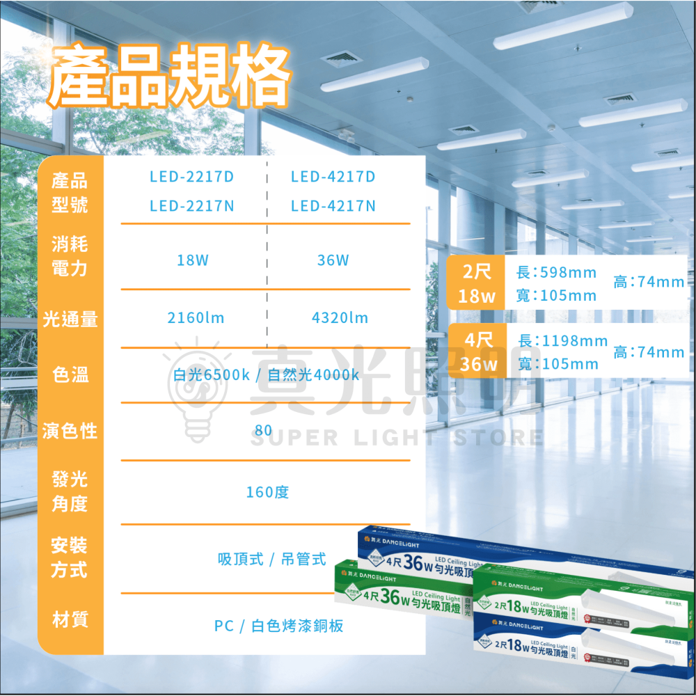 🧡 舞光LED ⚡️ 2尺18W / 4尺36W 勻光吸頂燈 吸吊兩用 自然光/白光 圓弧一體成型 串接不斷光 防眩-細節圖6