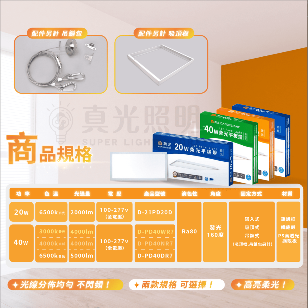 🧡 舞光⚡️柔光平板燈 40W 20W CNS認證 2X2尺 2X1尺 辦公室燈 低眩光 高光效 三色溫 平板燈直下式-細節圖8