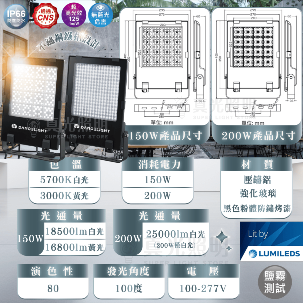 🧡 舞光LED ⚡️ LED 凱薩泛光燈 50W/100W/150W/200W 黃光/白光｜IP66防水防塵｜投光燈-細節圖9