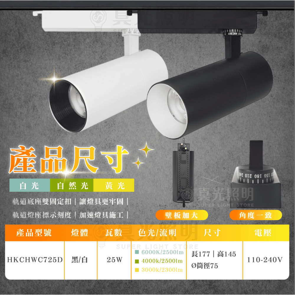 海王星軌道投射燈  25W 三色可選｜壁板加大｜底座雙固定扣 黑/白 角度一致 軌道燈 投射燈 單色-細節圖5
