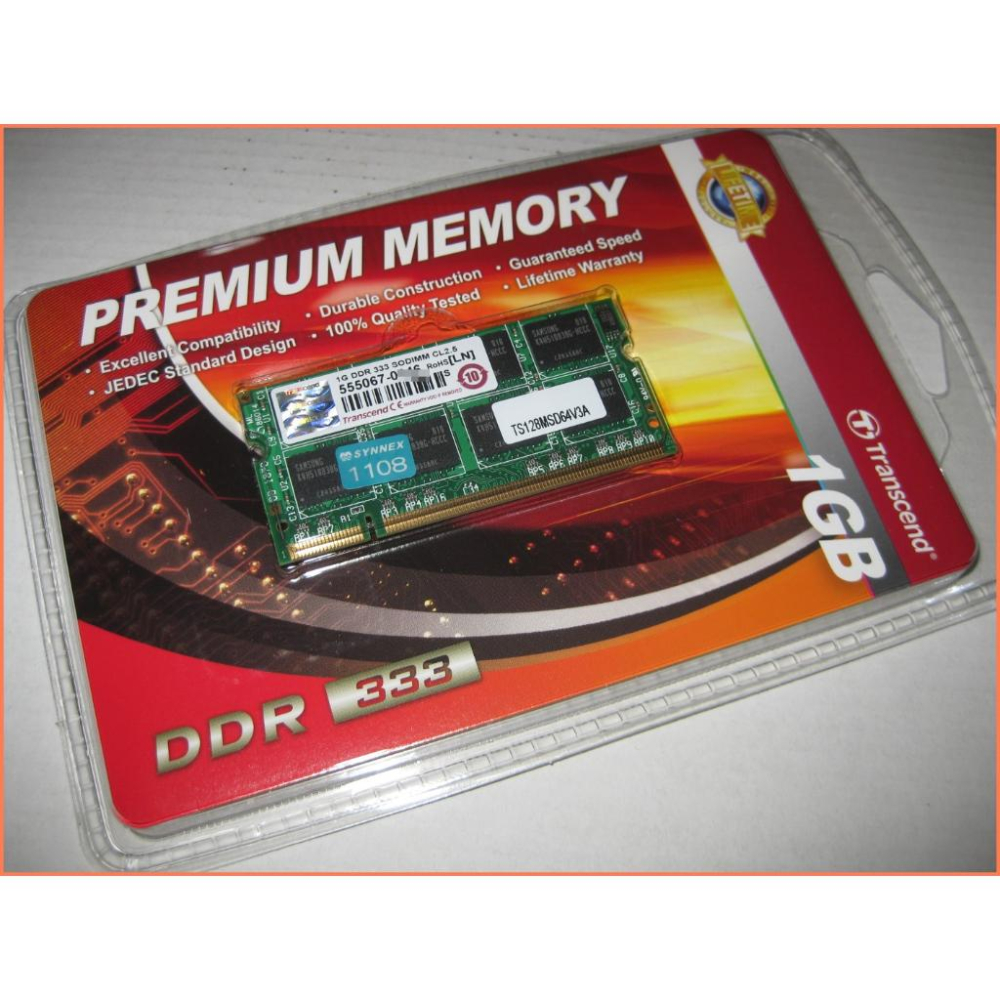 JULE 3C會社∼正 創見 DDR333 1GB 1G 雙面/NB/TS128MSD64V3A/全新盒裝/筆電 記憶體-細節圖2