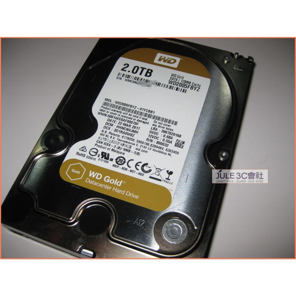 JULE 3C會社-威騰WD 金標 2TB 2T WD2005FBYZ/良品/128M/3.5吋/SATA3/企業級硬碟-細節圖2