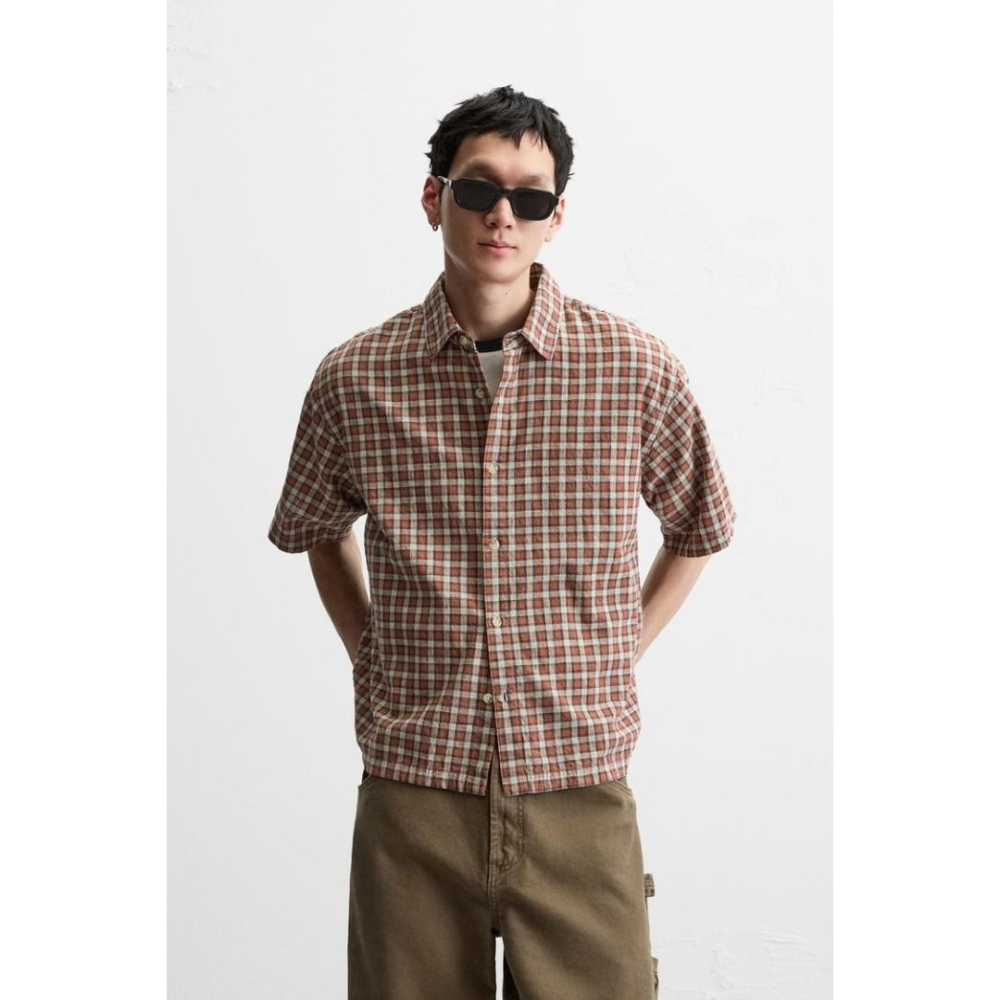 【全新】絕版 Zara 紋理格紋襯衫 棕色 S-細節圖3