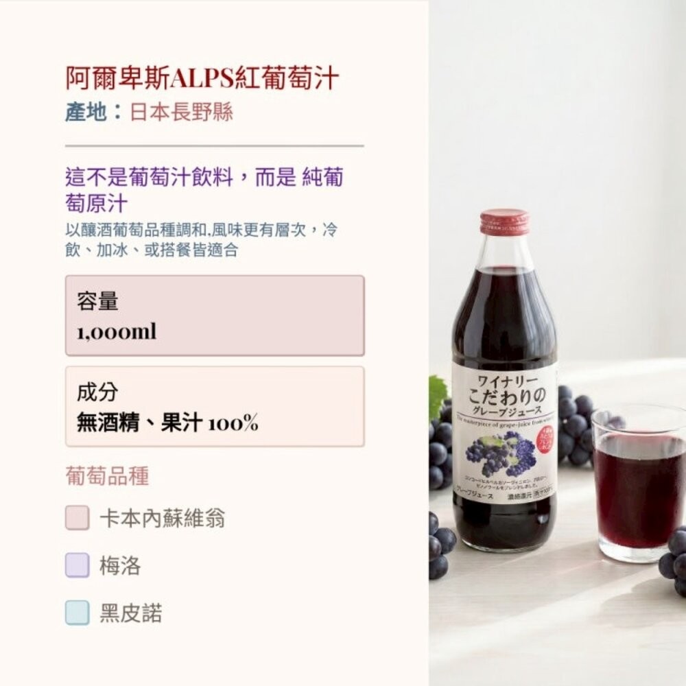 日本 Alps 阿爾卑斯紅葡萄汁 1000ml 100%紅葡萄汁 葡萄汁-細節圖5