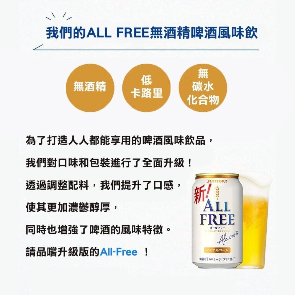 日本Suntory三得利 ALL FREE無酒精啤酒風味飲(每罐350ml) 無酒精飲料 啤酒飲 氣泡飲-細節圖5