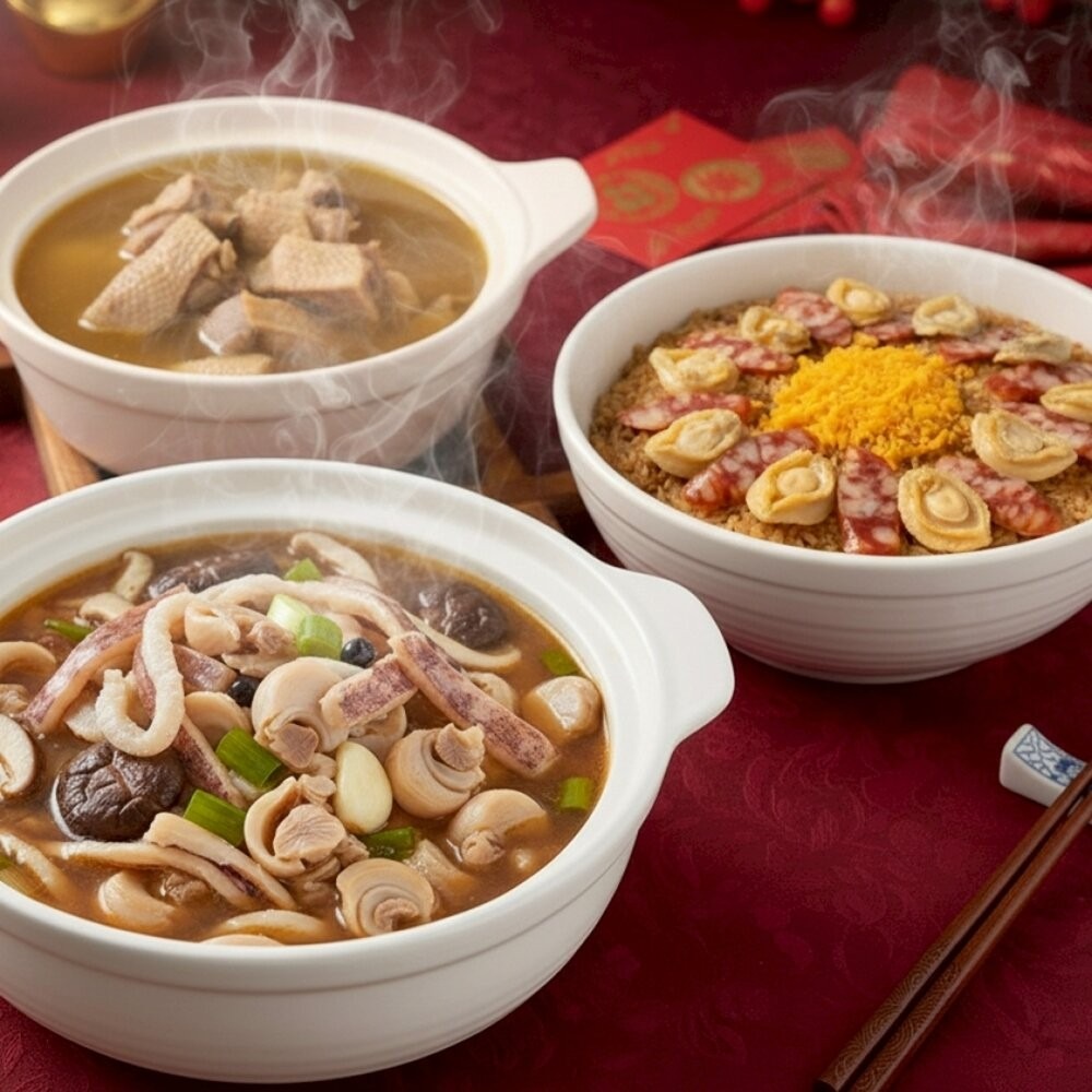 年菜三拼組－黃金鮑臘腸米糕＋薑母鴨＋魷魚螺肉蒜 0運費【海陸管家】-細節圖2