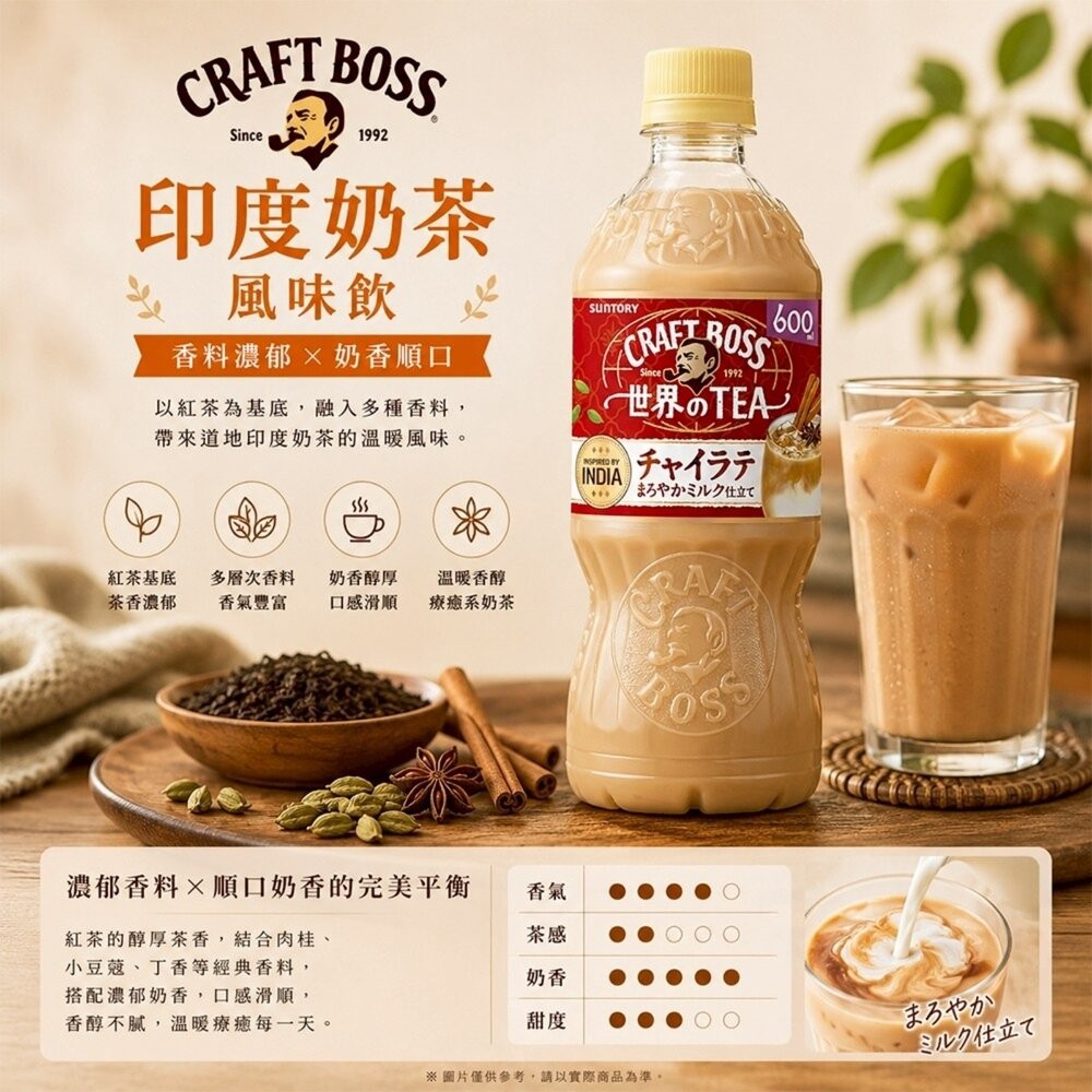 日本原裝 三得利 BOSS系列 CRAFT BOSS 印度奶茶風味飲 600ml/瓶-細節圖3