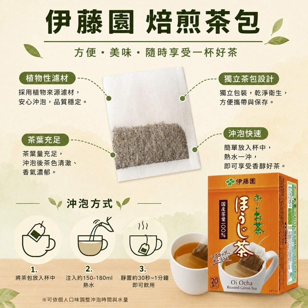 日本伊藤園 綠茶/玄米茶/焙煎茶包(每盒20入) 焙茶 煎茶 綠茶 沖泡包 沖泡茶包-細節圖7