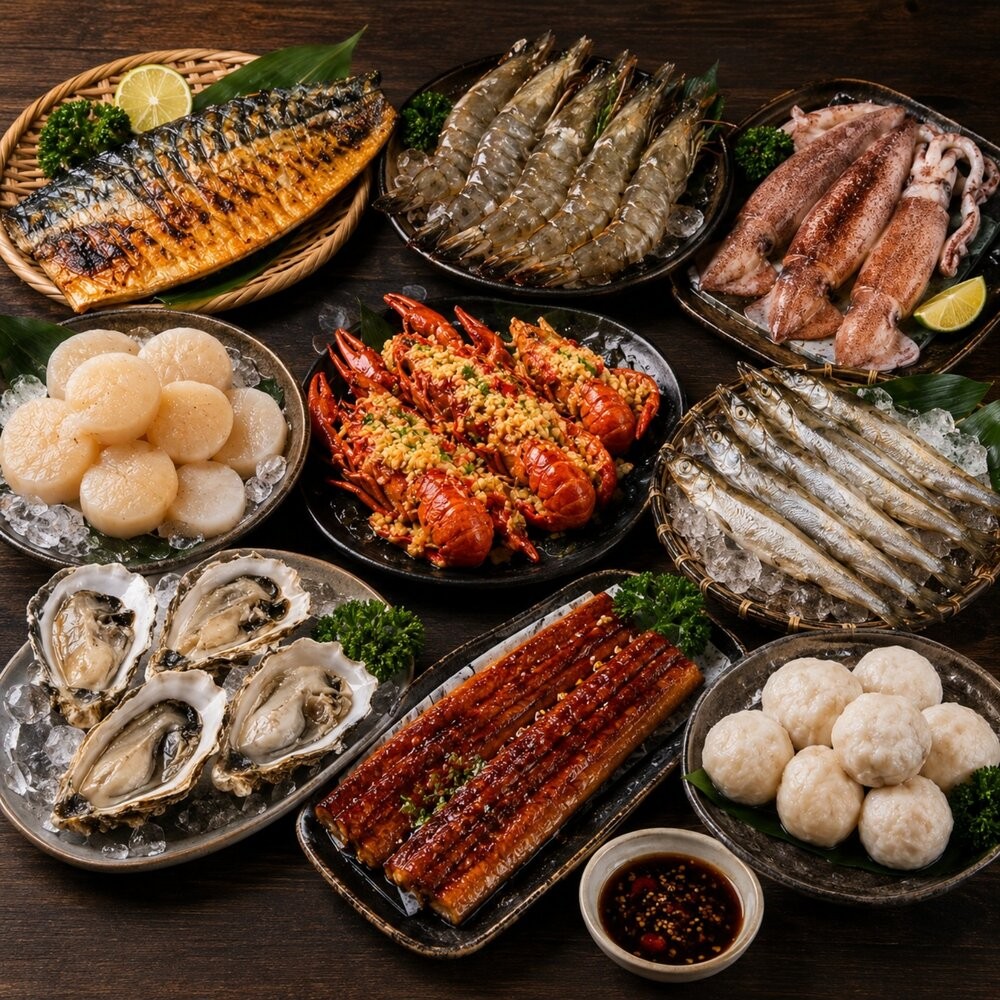 海鮮控小資烤肉10件組(鯖魚+草蝦+魷魚+扇貝+小龍蝦+牡蠣+鰻魚+花枝丸)【中秋烤肉】【天天鮮配】-細節圖2