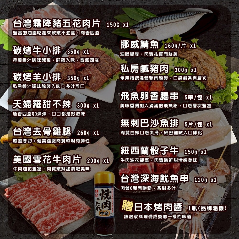 經典烤肉派對超值12件組(約6-8人份) 贈日本烤肉醬【天天鮮配】牛小排 羊小排 鹹豬肉 牛肉片 骰子牛 魷魚 鯖魚-細節圖5