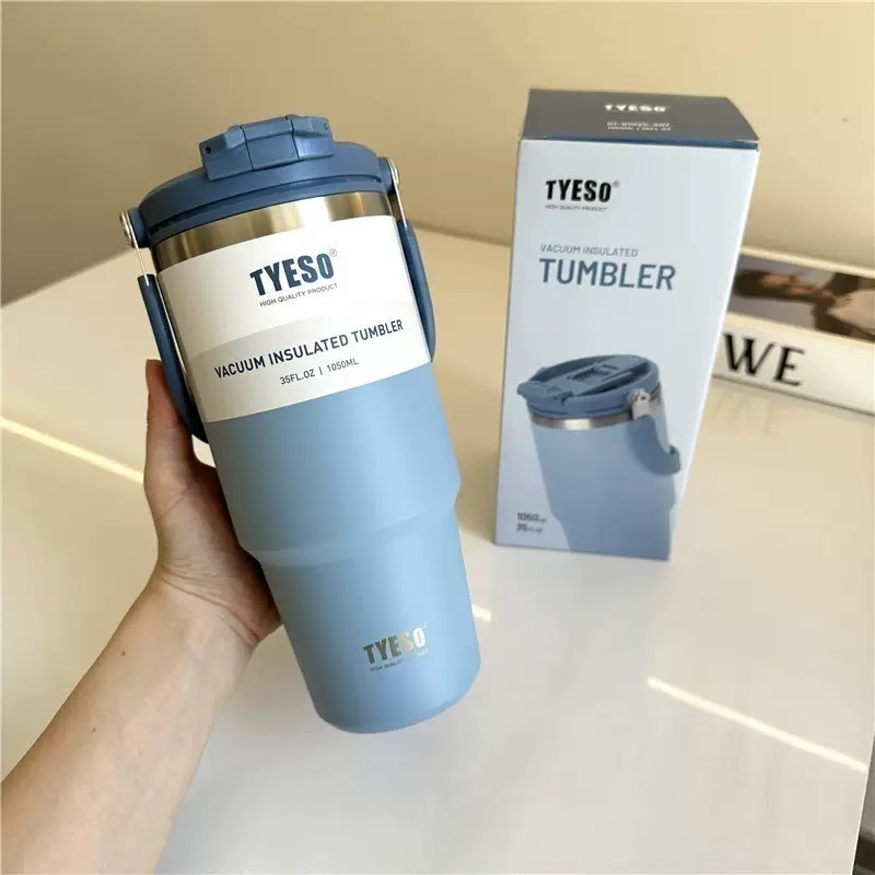 TYESO提手吸管保溫杯 600/750/900/1050/1200ml雙飲式冰霸杯 防漏手提咖啡杯 保溫保冷隨行車載杯-規格圖9