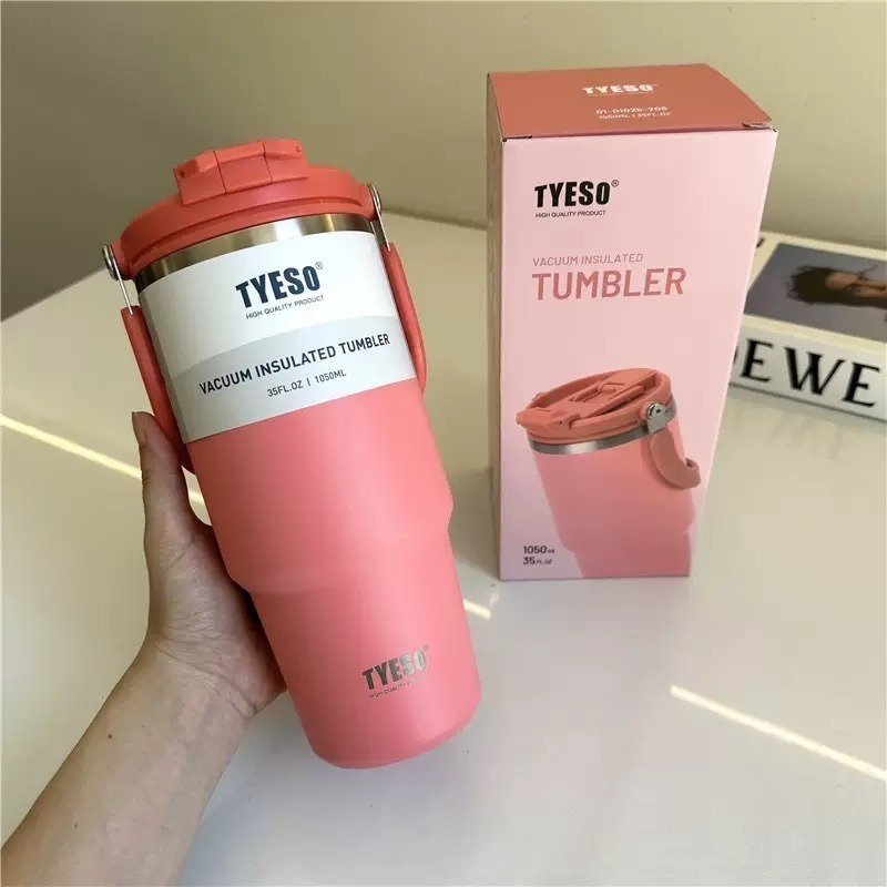 TYESO提手吸管保溫杯 600/750/900/1050/1200ml雙飲式冰霸杯 防漏手提咖啡杯 保溫保冷隨行車載杯-規格圖9