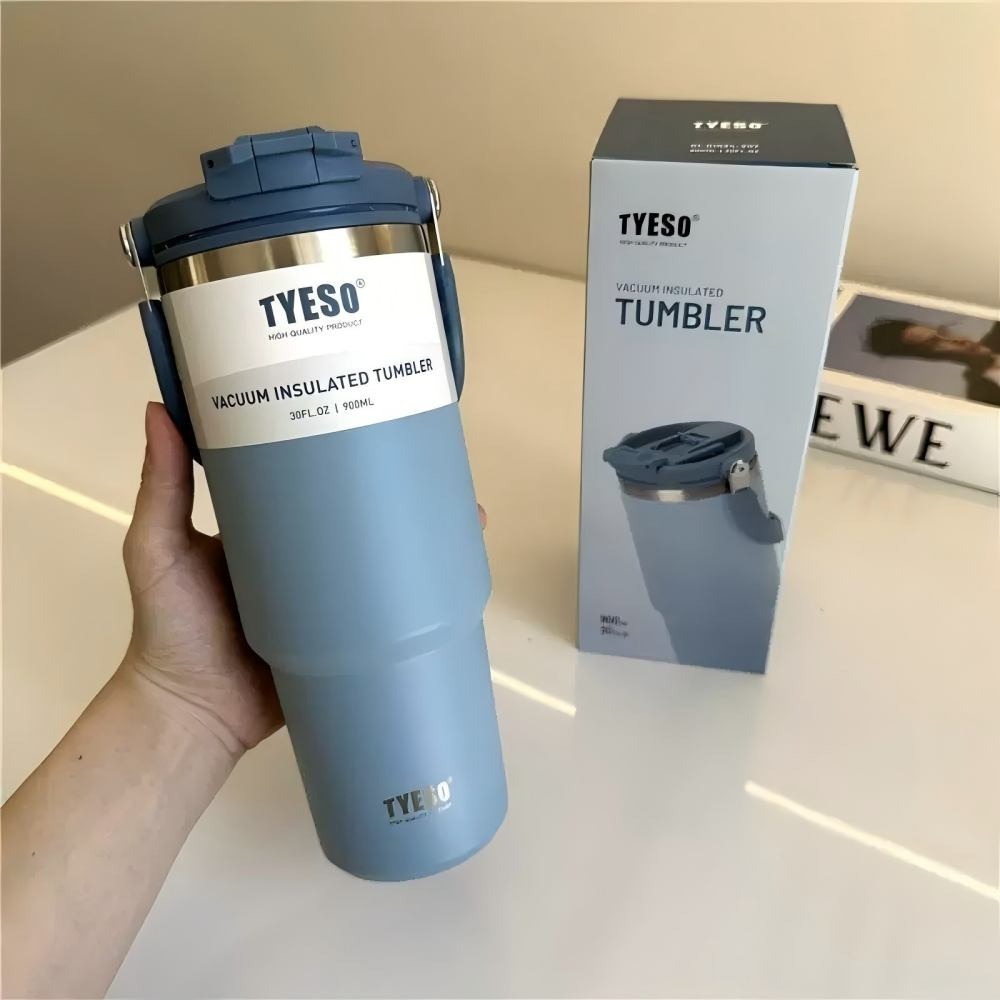 TYESO提手吸管保溫杯 600/750/900/1050/1200ml雙飲式冰霸杯 防漏手提咖啡杯 保溫保冷隨行車載杯-規格圖9