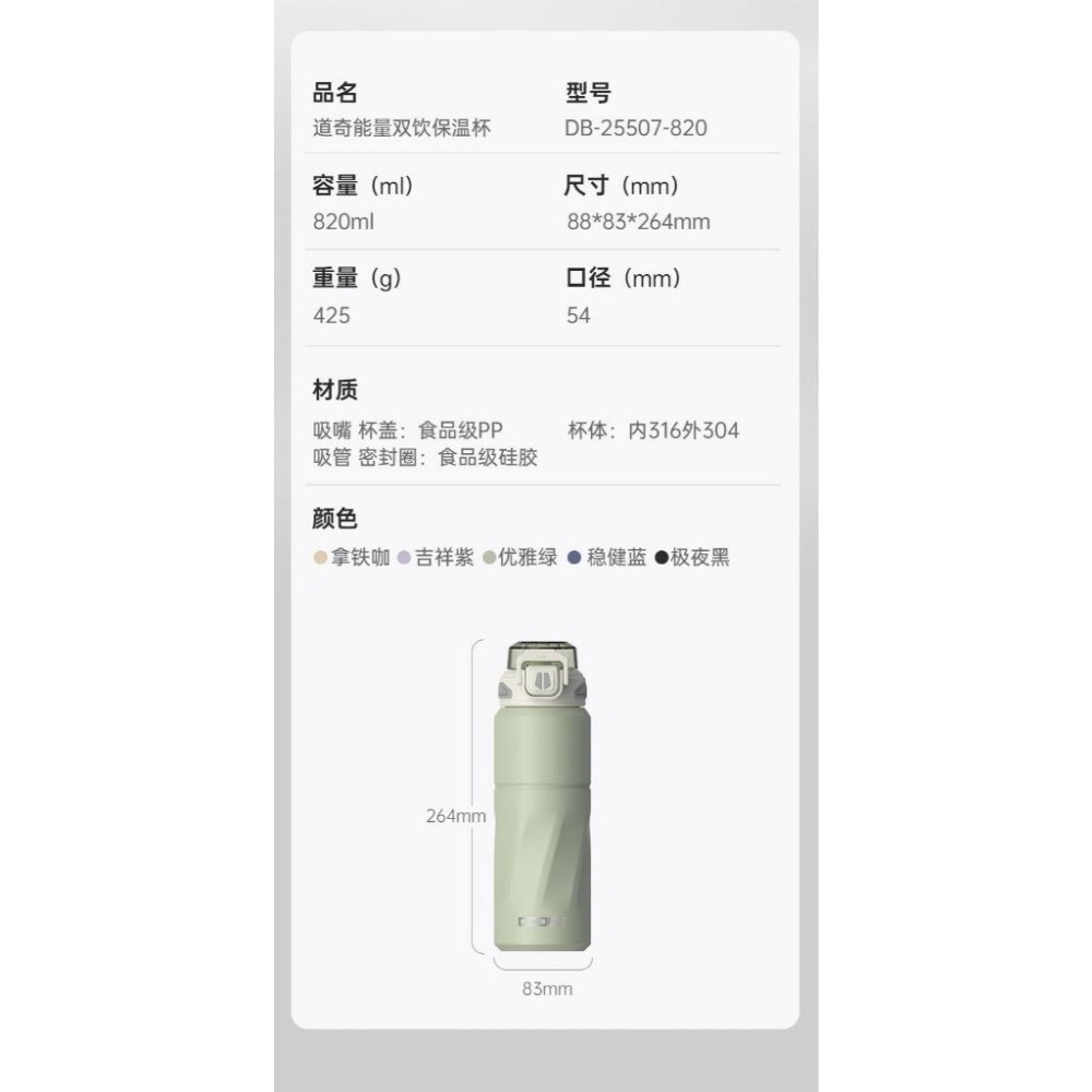 DODGE道奇能量雙飲保溫杯 820ml 316不鏽鋼運動水壺手提隨行杯 一鍵彈蓋環保不鏽鋼咖啡杯 雙飲杯蓋車載保溫水壺-細節圖10