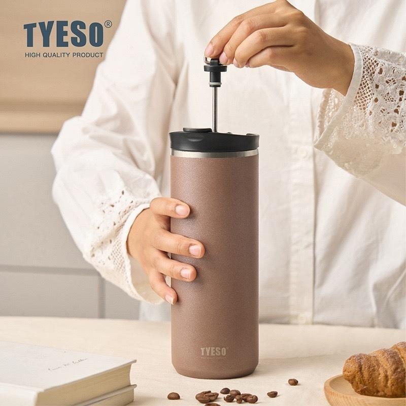 TYESO保溫杯 304不鏽鋼咖啡杯 600ml/750ml不鏽鋼法式濾壓杯 雙層保溫咖啡濾壓杯 不鏽鋼翻蓋加壓茶濾杯-細節圖2