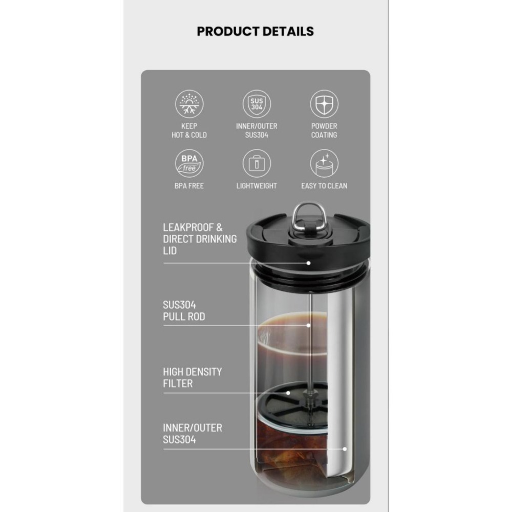 TYESO保溫杯 304不鏽鋼咖啡杯 600ml/750ml不鏽鋼法式濾壓杯 雙層保溫咖啡濾壓杯 不鏽鋼翻蓋加壓茶濾杯-細節圖9