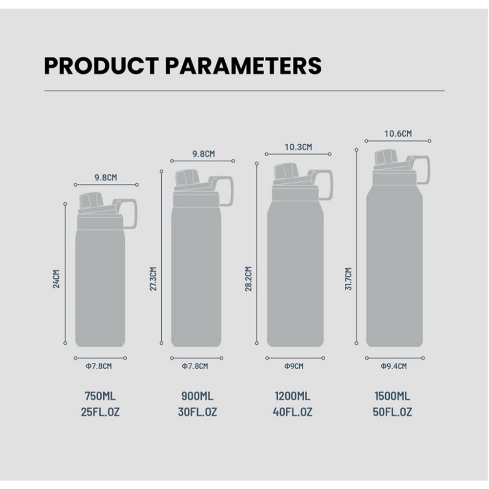 TYESO保溫杯 304不鏽鋼750ml/900ml/1200ml/1500ml大容量磨砂運動保溫杯 防漏附提手運動水壺-細節圖10