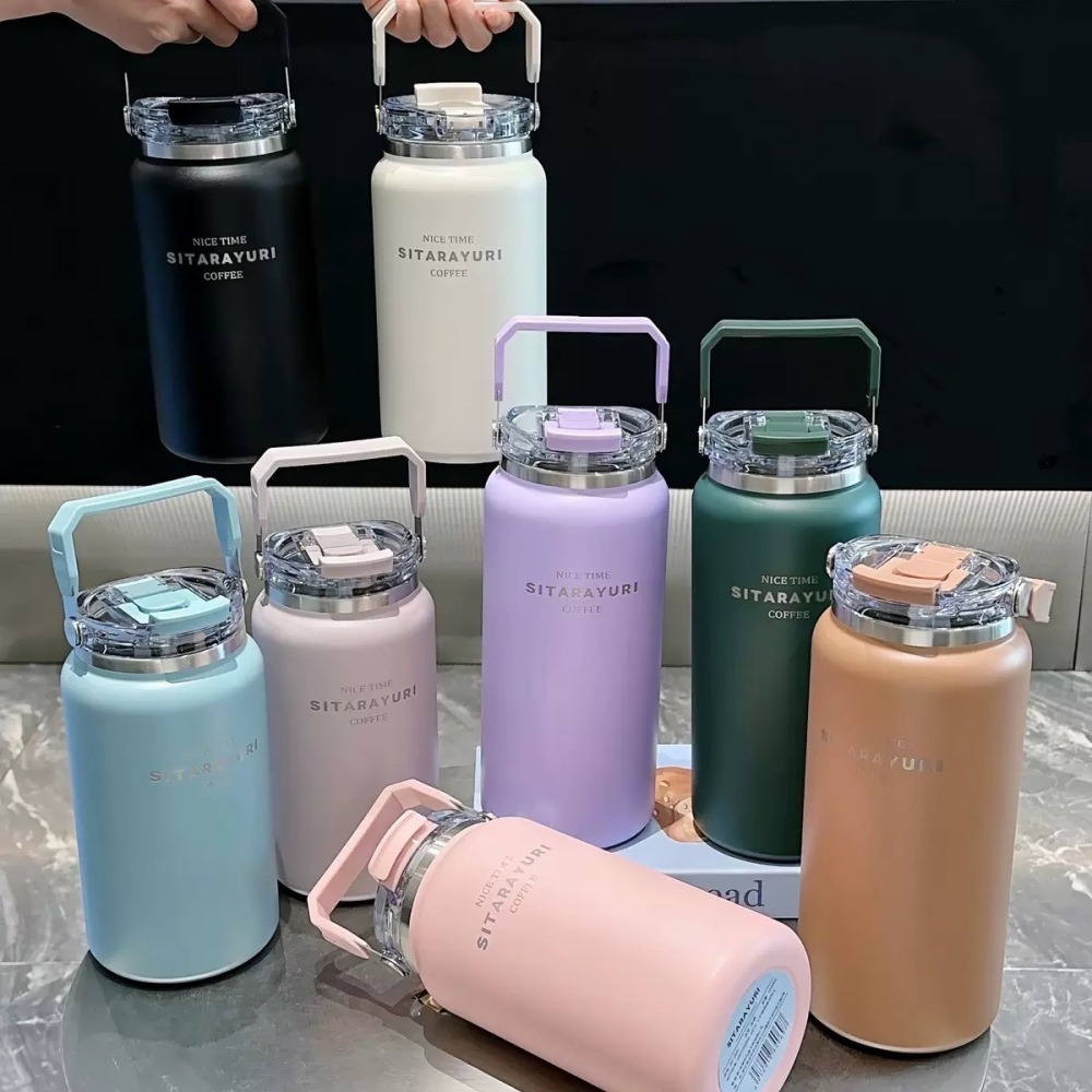 SITARAYURI雙飲式冰桶1200m/1500ml 304不鏽鋼大容量保溫杯 手提雙飲式杯蓋冰霸杯 彩色保溫保冷水壺-細節圖2