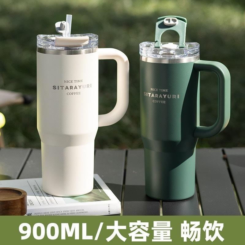 SITARAYURI雙飲保溫杯900ml 304不鏽鋼手柄冰霸杯 雙飲防塵蓋吸管咖啡杯 防漏手把冰霸杯 保溫環保車載杯-細節圖3