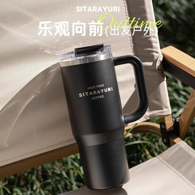 SITARAYURI雙飲保溫杯900ml 304不鏽鋼手柄冰霸杯 雙飲防塵蓋吸管咖啡杯 防漏手把冰霸杯 保溫環保車載杯-細節圖4