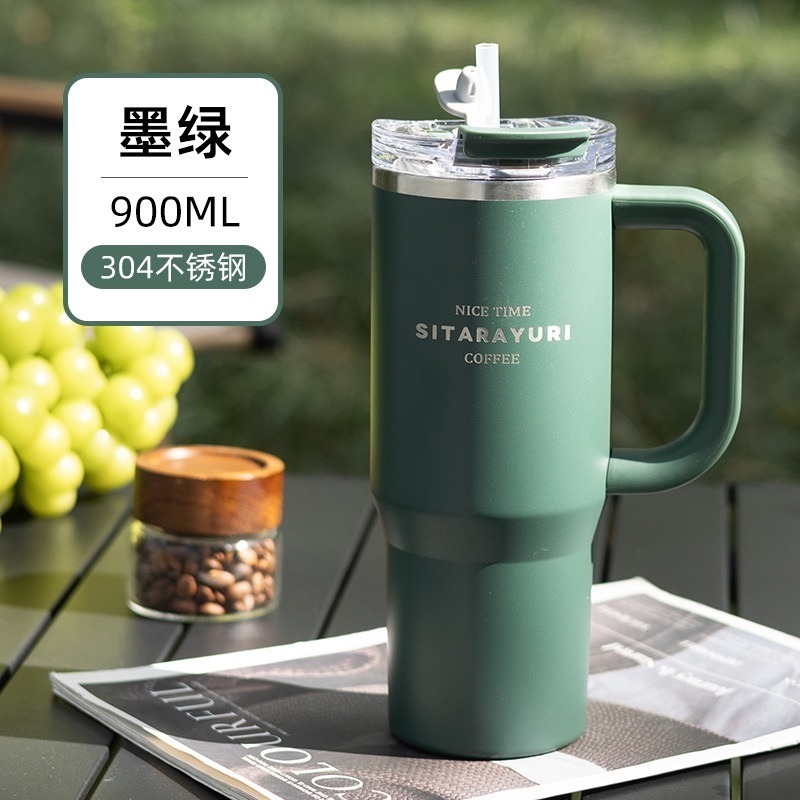 SITARAYURI雙飲保溫杯900ml 304不鏽鋼手柄冰霸杯 雙飲防塵蓋吸管咖啡杯 防漏手把冰霸杯 保溫環保車載杯-規格圖10