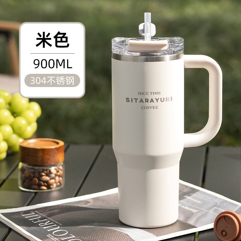 SITARAYURI雙飲保溫杯900ml 304不鏽鋼手柄冰霸杯 雙飲防塵蓋吸管咖啡杯 防漏手把冰霸杯 保溫環保車載杯-規格圖10