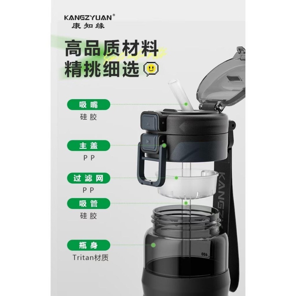 KANGZYUAN運動水壺 TRITAN材質吸管隨行杯 一鍵彈蓋安全鎖防漏健身水杯 矽膠套防滑防燙運動水壺 提繩便攜水壺-細節圖6