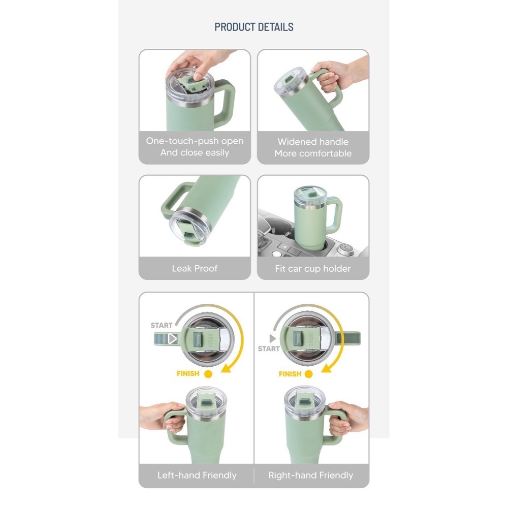 新款現貨 TYESO手把冰霸杯 304不鏽鋼保溫杯 旋轉杯蓋雙飲吸管保溫杯 大容量手把冰霸杯 環保咖啡杯 車載保溫保冷杯-細節圖11