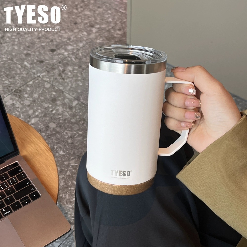 TYESO泰碩咖啡杯530ml/710ml 304不鏽鋼直飲杯蓋防滑軟木杯墊保溫杯帶手柄保溫咖啡杯 雙層不鏽鋼真空保溫杯-細節圖3